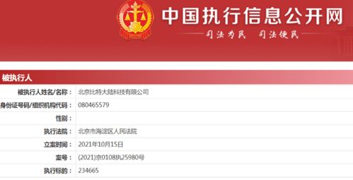 比特大陸新增被執行人信息 執行標的超23萬元，牽涉計算機軟硬件技術開發